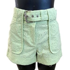 NEW Derek Lam Macha Green Monterey Belted Embroidered Eyelet Cotton Shorts